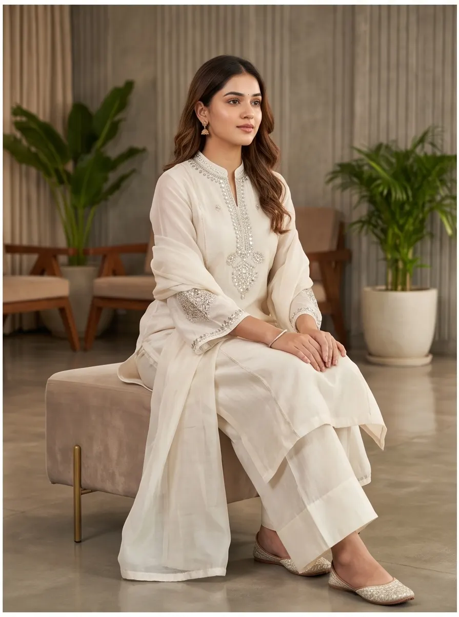 Off-White Mirror Work Embroidered Silk Straight Kurta Pant Set with Dupatta