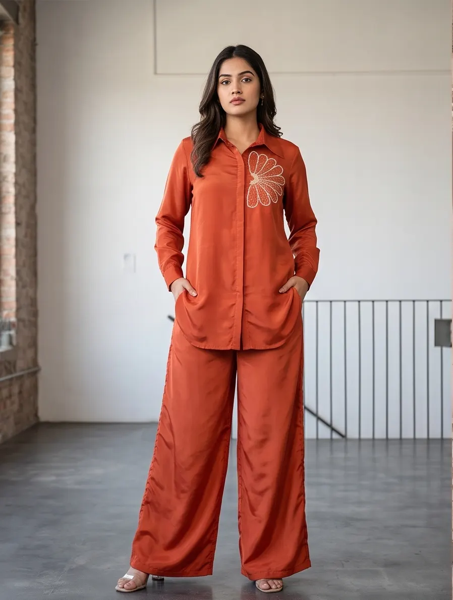Rust Orange Floral Embroidered Silk Shirt Collar Tunic and Wide Leg Palazzo Co-ord Set