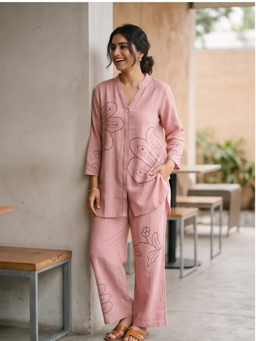 Dusty Pink Floral Kantha Embroidered Cotton Notch Collar Tunic and Pant Co-ord Set