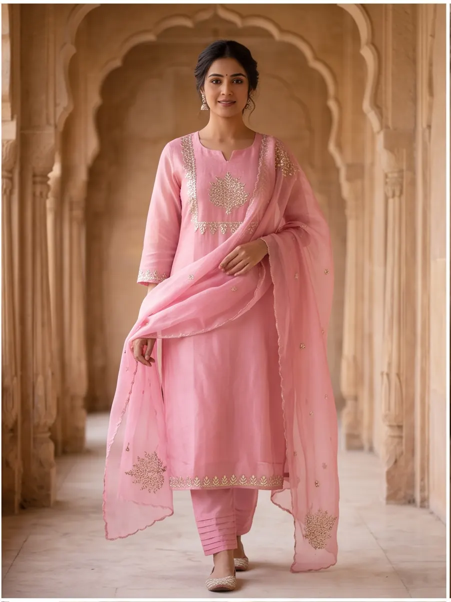 Blush Pink Tree Motif Zari Embroidered Chanderi Silk Straight Kurta Pant Set with Scalloped Organza Dupatta