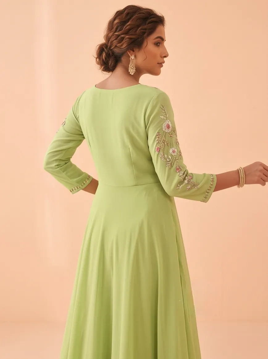 Pista Green Floral Embroidered Georgette Draped Style Tiered Anarkali Gown with Belt