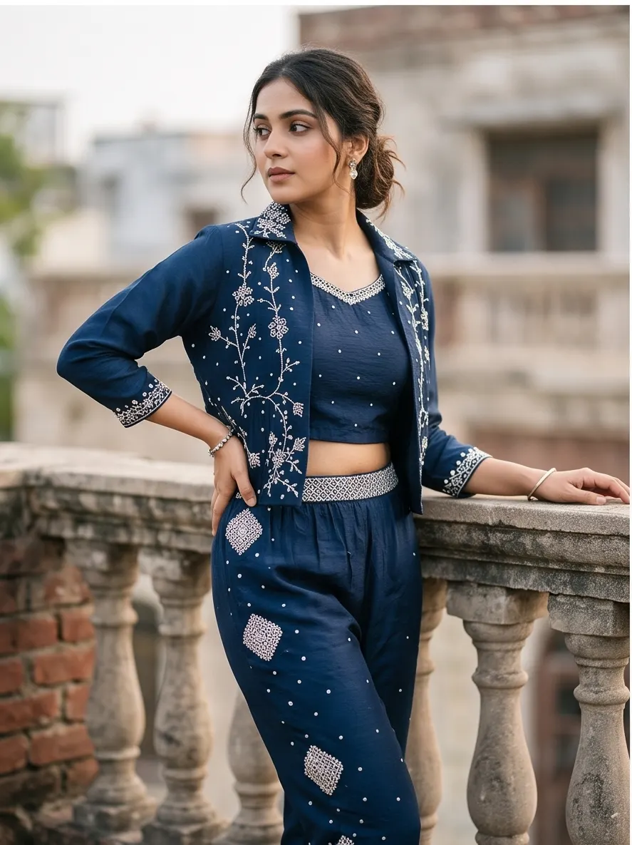 Navy Blue Zari Embroidered Silk Crop Top, Jacket, and Pant 3-Piece Co-ord Set