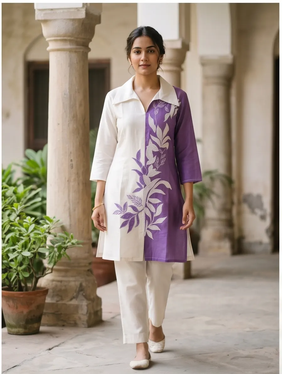 Off-White and Purple Floral Embroidered Colorblock Cotton Tunic and Pant Co-ord Set