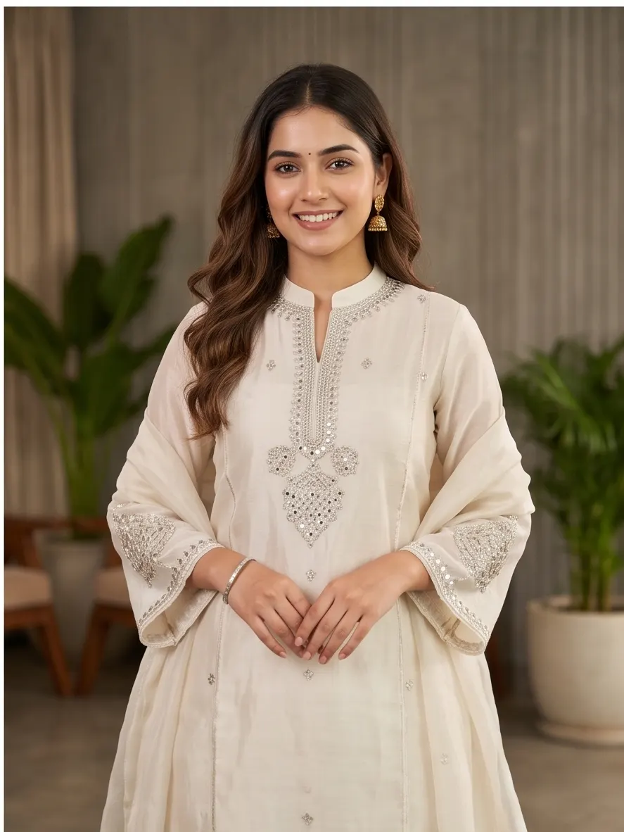 Off-White Mirror Work Embroidered Silk Straight Kurta Pant Set with Dupatta
