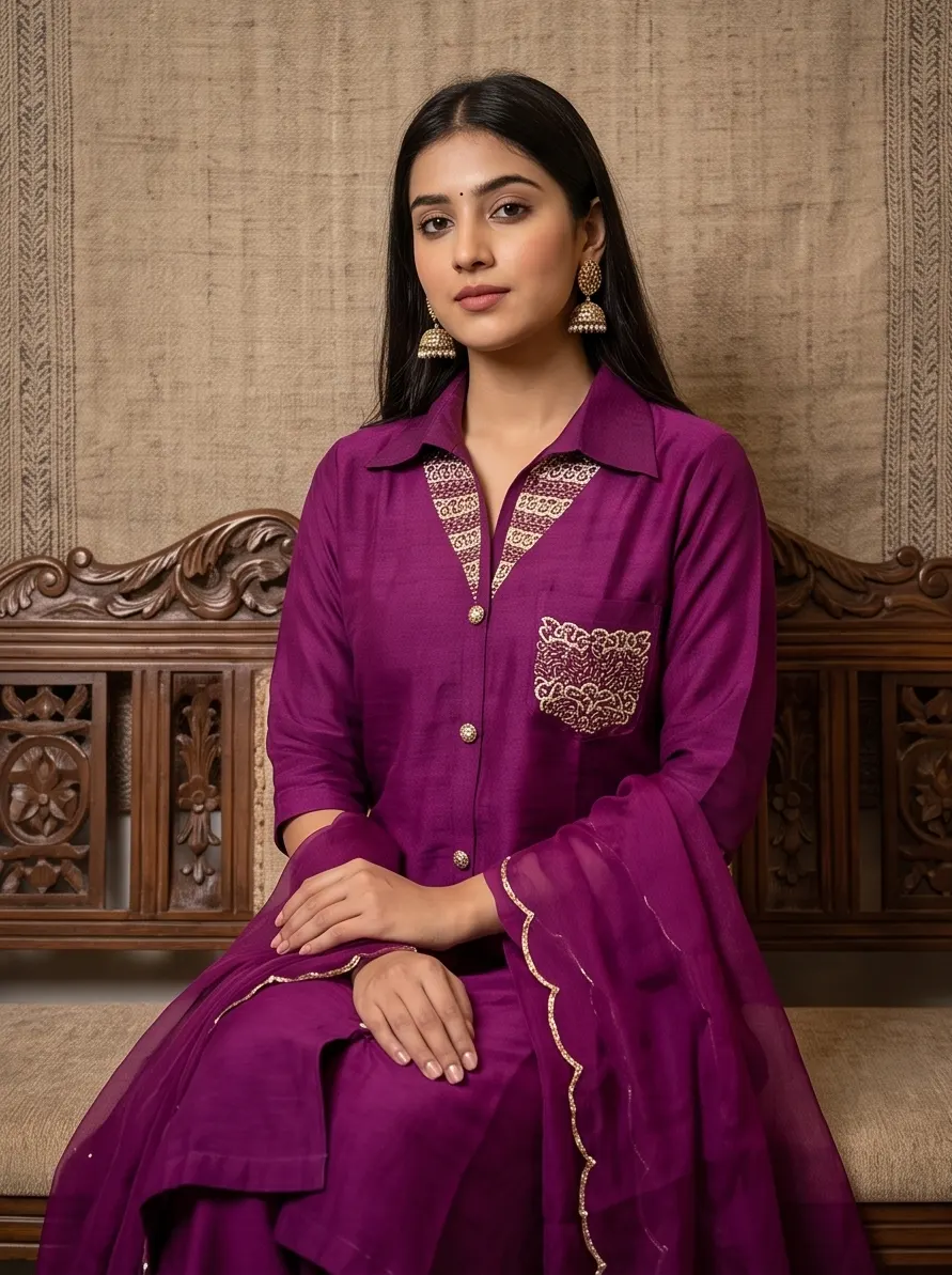 Magenta Purple Embroidered Silk Collar Neck Kurta Pant Set with Scalloped Dupatta