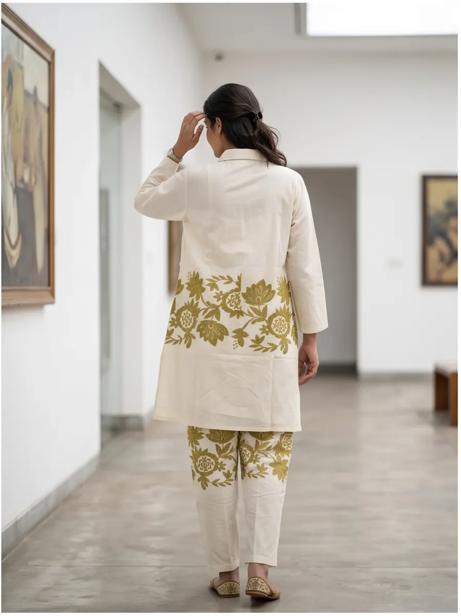 Off-White Olive Green Floral Embroidered Cotton Shirt Collar Straight Tunic and Pant Co-ord Set