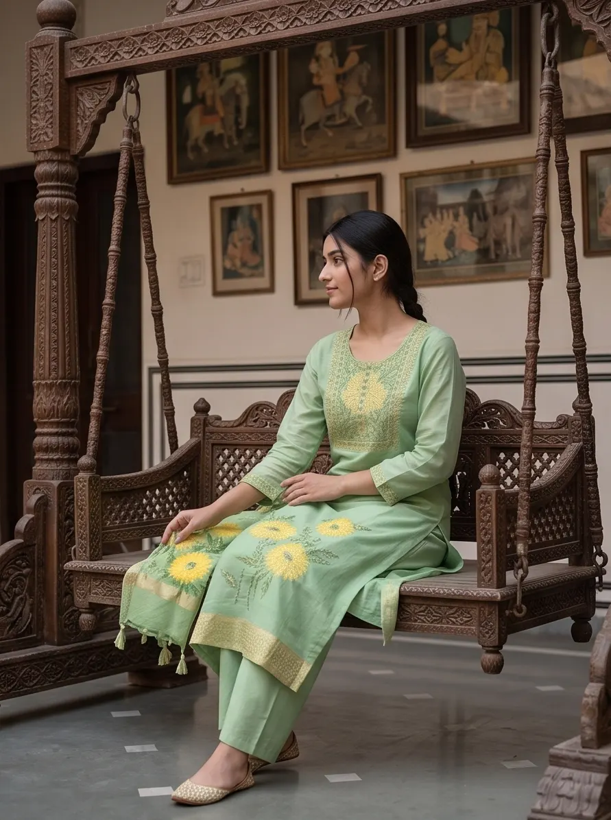 Mint Green Floral Embroidered Chanderi Silk Kurta Palazzo Set with Dupatta