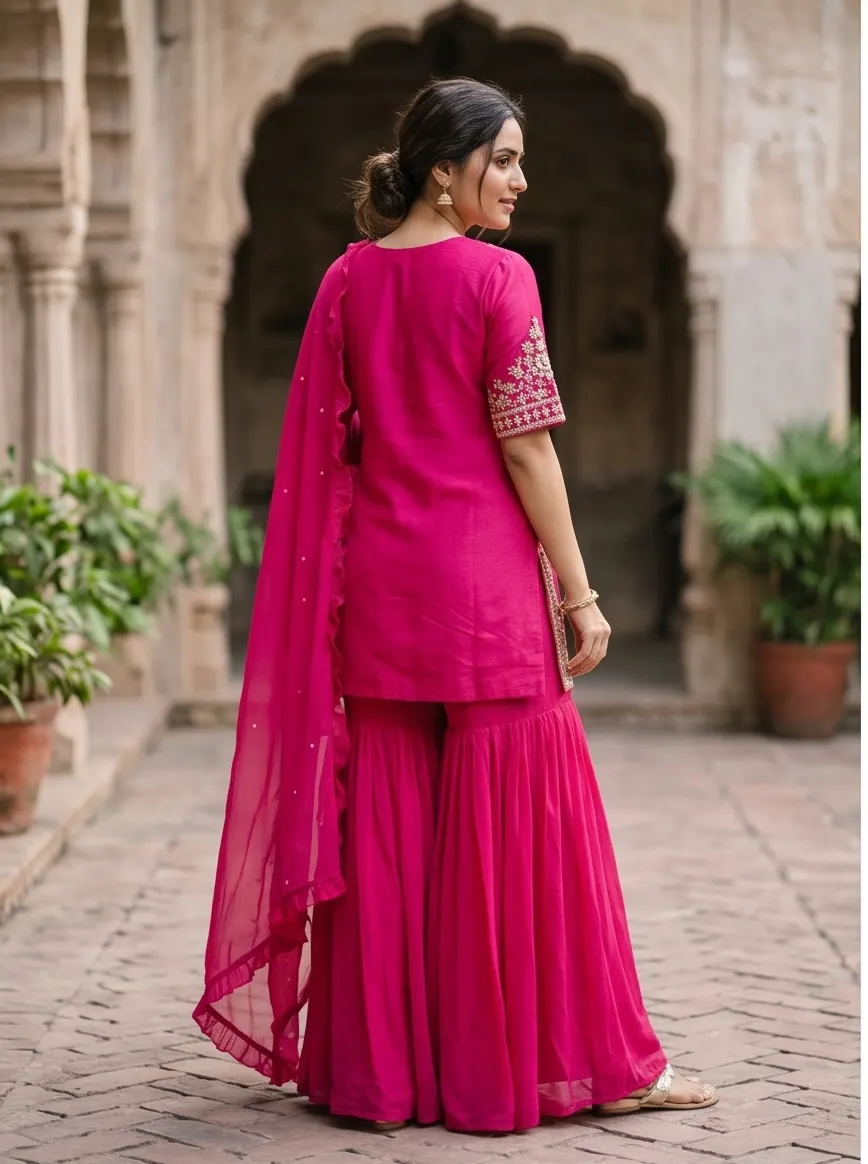 Rani Pink Zari Embroidered Silk Short Kurta and Flared Sharara Set with Dupatta