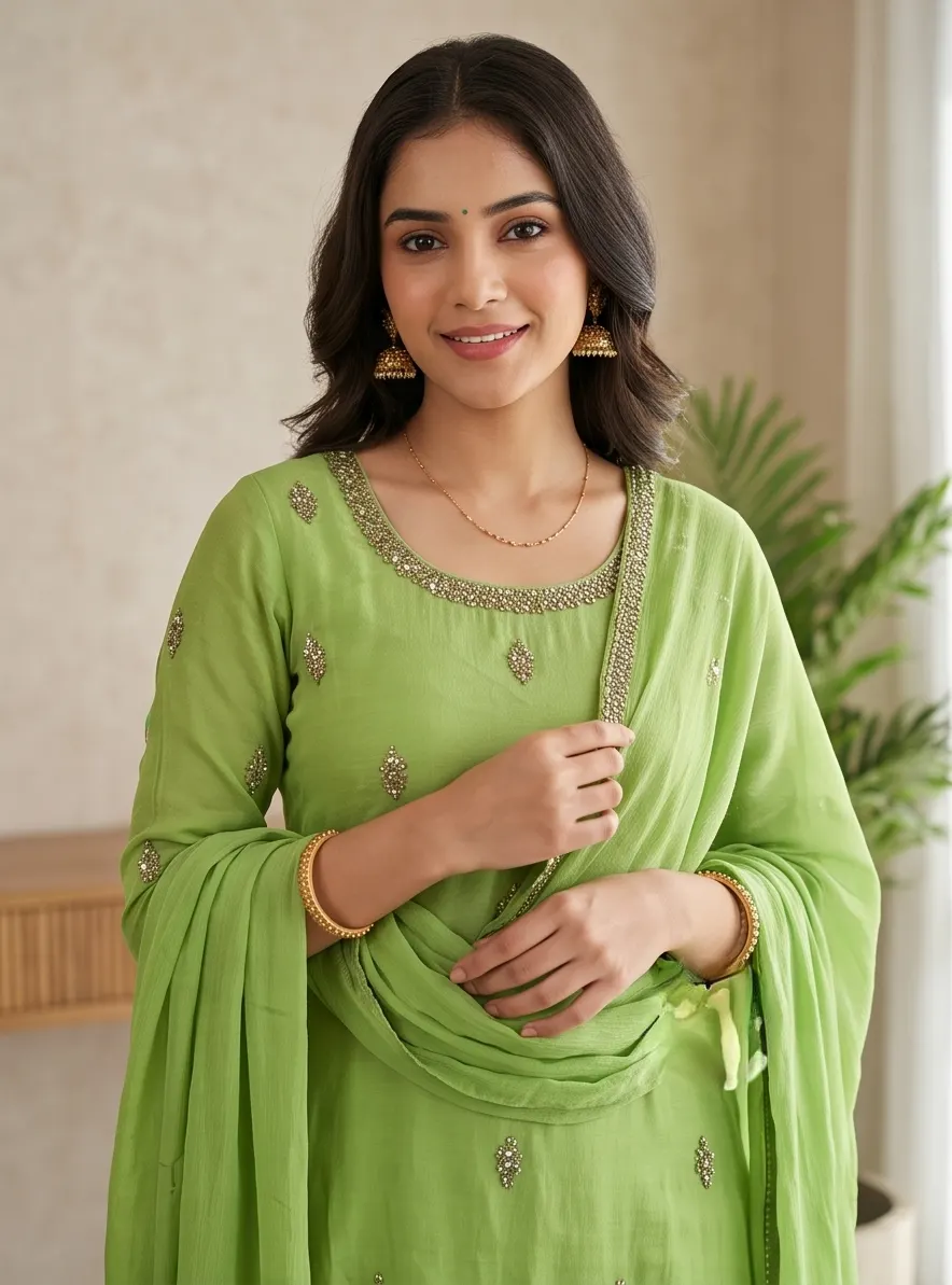 Light Green Muted Zari Embroidered Silk Straight Kurta Palazzo Set with Dupatta