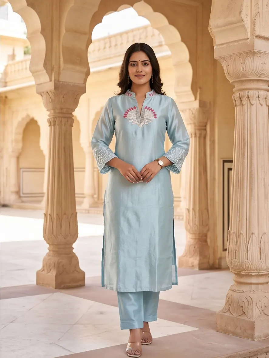 Ice Blue Embroidered Silk Straight Kurta and Pant Set