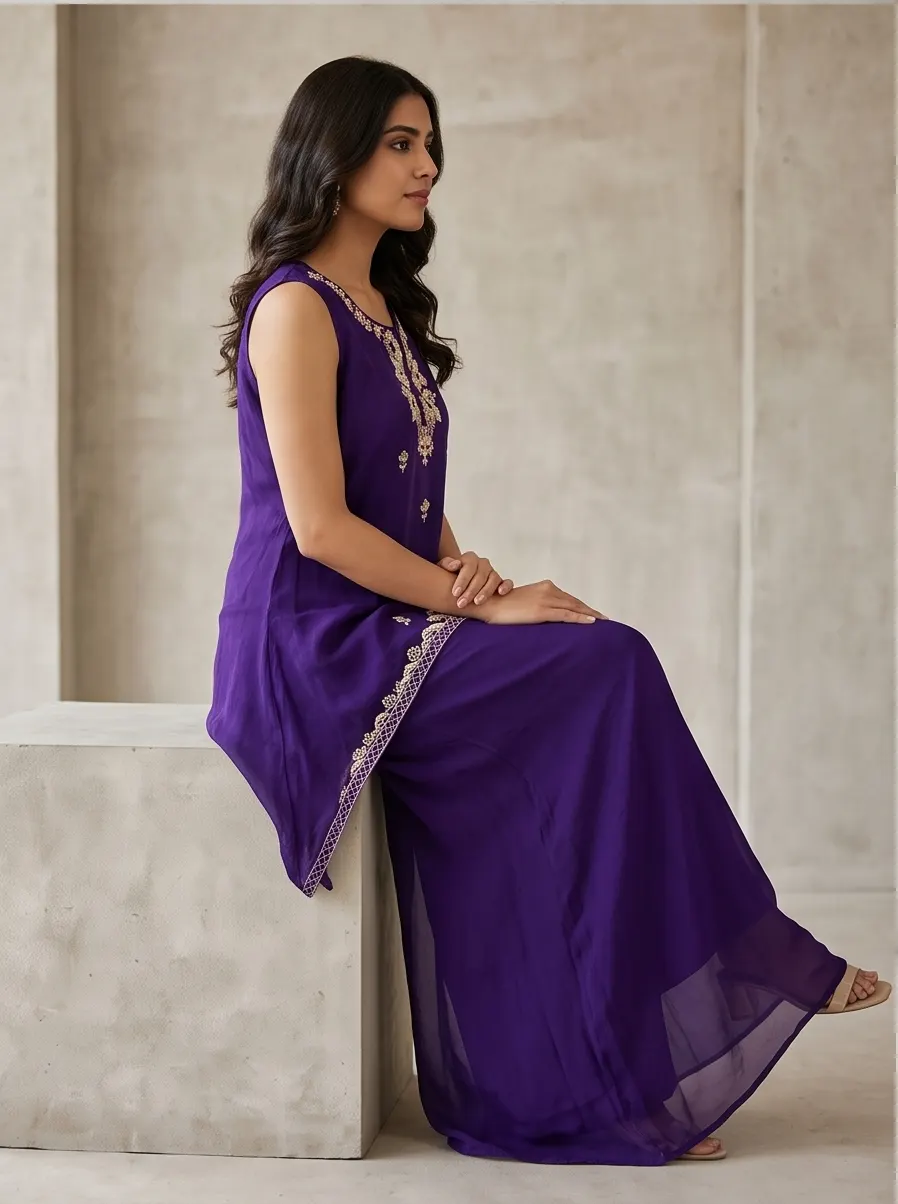 Purple Thread Embroidered Georgette Jacket Style Kurta Palazzo Set