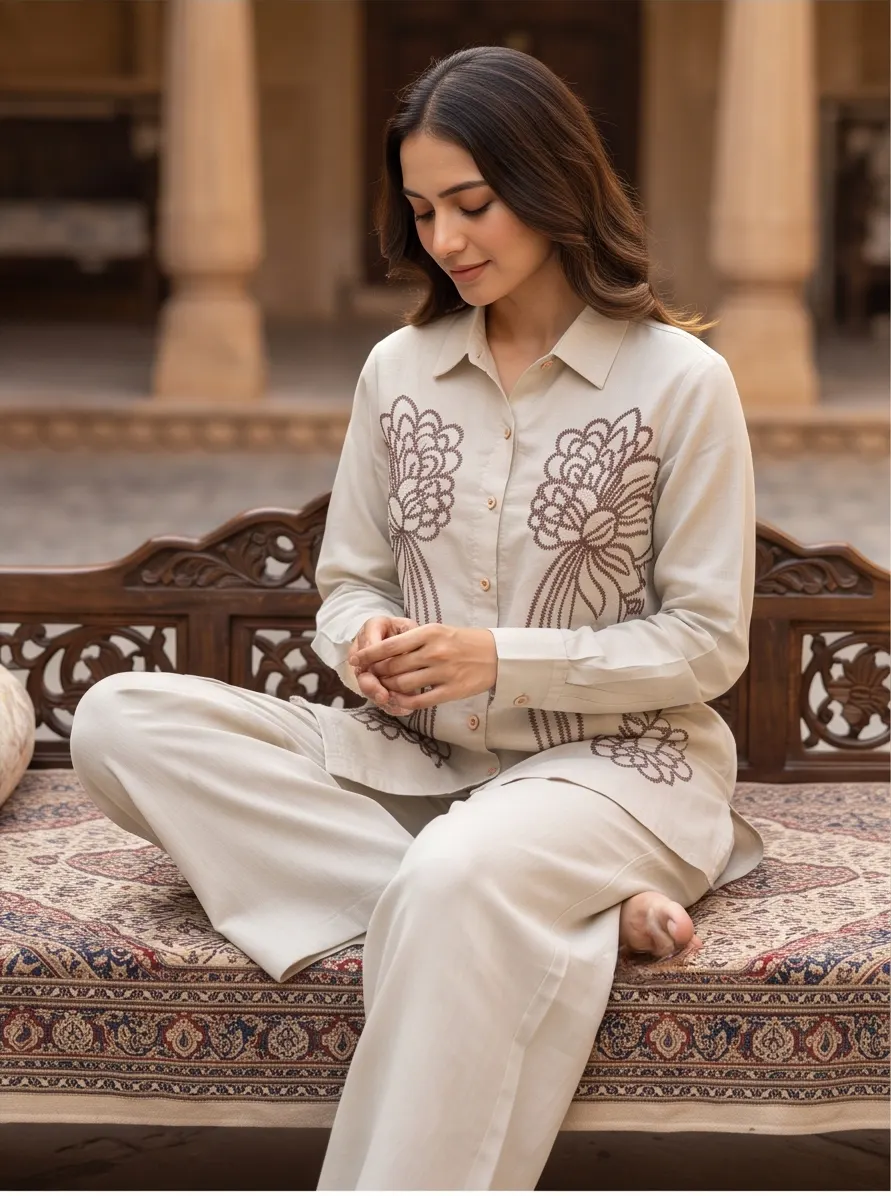 Beige Floral Thread Embroidered Cotton Shirt Collar Tunic and Pant Co-ord Set