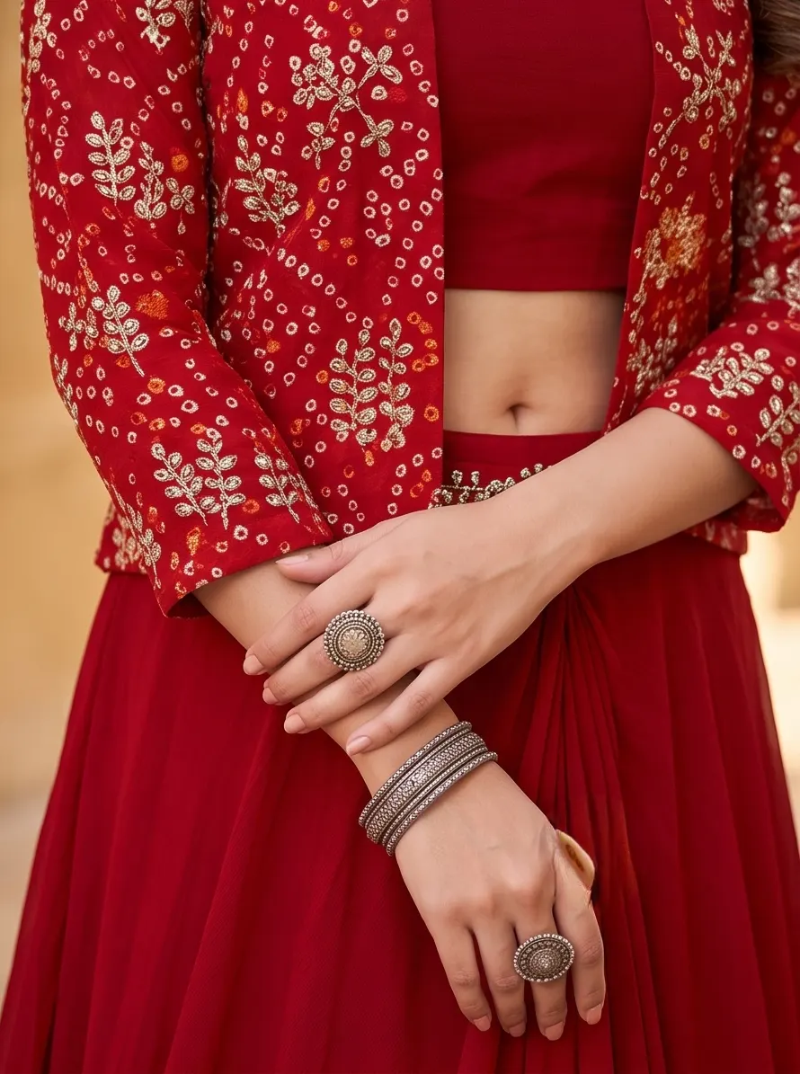 Maroon Bandhani Print Zari Embroidered Jacket Crop Top and Skirt Set with Dupatta