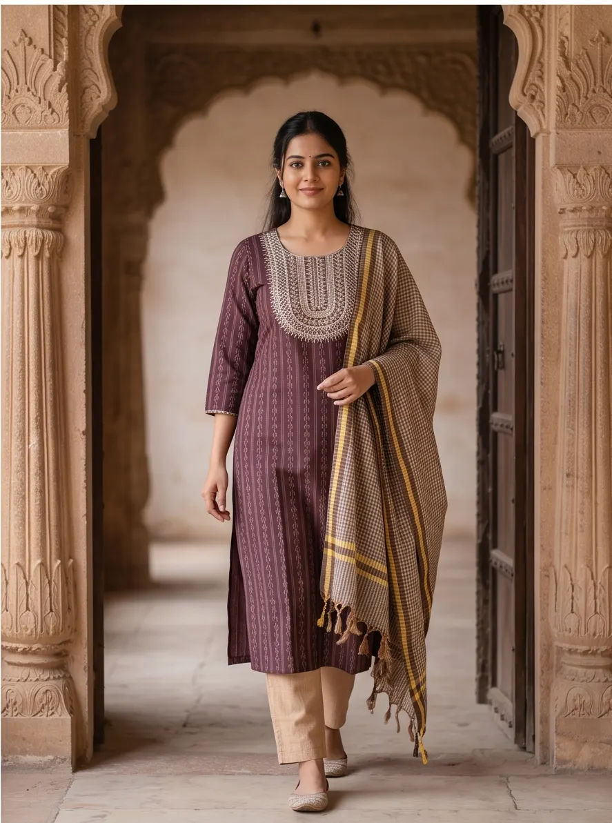 Coffee Brown Ikat Striped Thread Embroidered Cotton Straight Kurta Pant Set with Tasselled Dupatta
