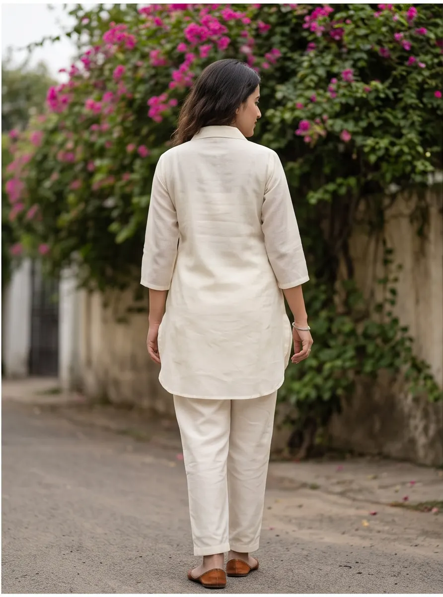 Off-White and Red Floral Appliqué Cotton Shirt Collar Tunic and Pant Co-ord Set
