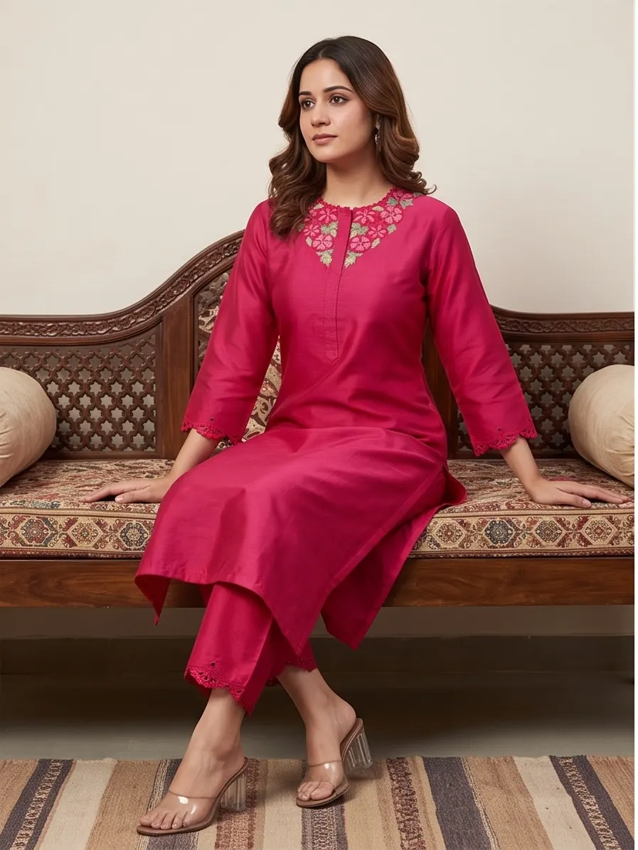 Magenta Pink Floral Neck Embroidered Silk Straight Kurta and Pant Set