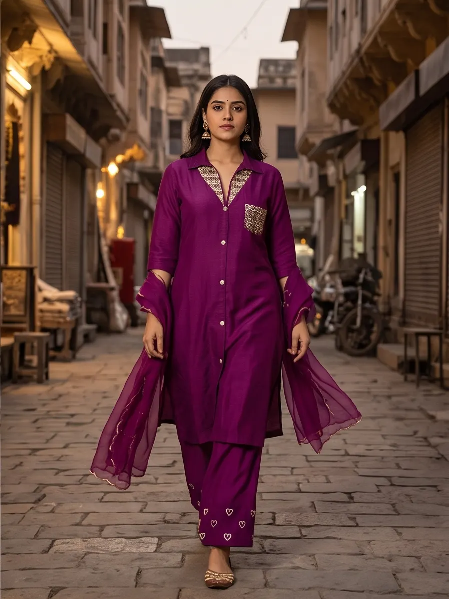 Magenta Purple Embroidered Silk Collar Neck Kurta Pant Set with Scalloped Dupatta