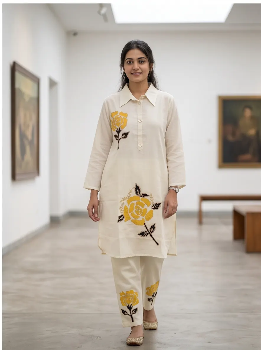 Off-White Yellow Rose Embroidered Cotton Shirt Collar Tunic and Pant Co-ord Set