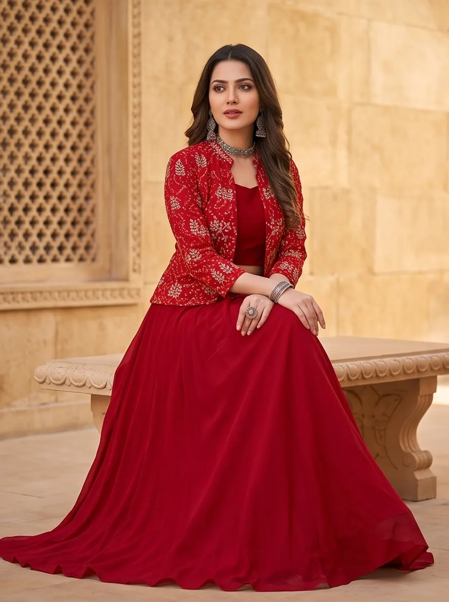 Maroon Bandhani Print Zari Embroidered Jacket Crop Top and Skirt Set with Dupatta