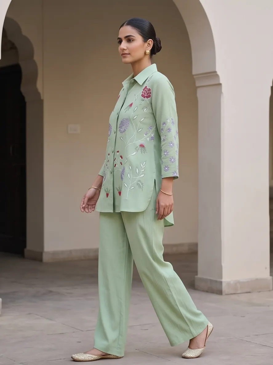 Sage Green Floral Embroidered Cotton Shirt Collar Tunic and Pant Co-ord Set