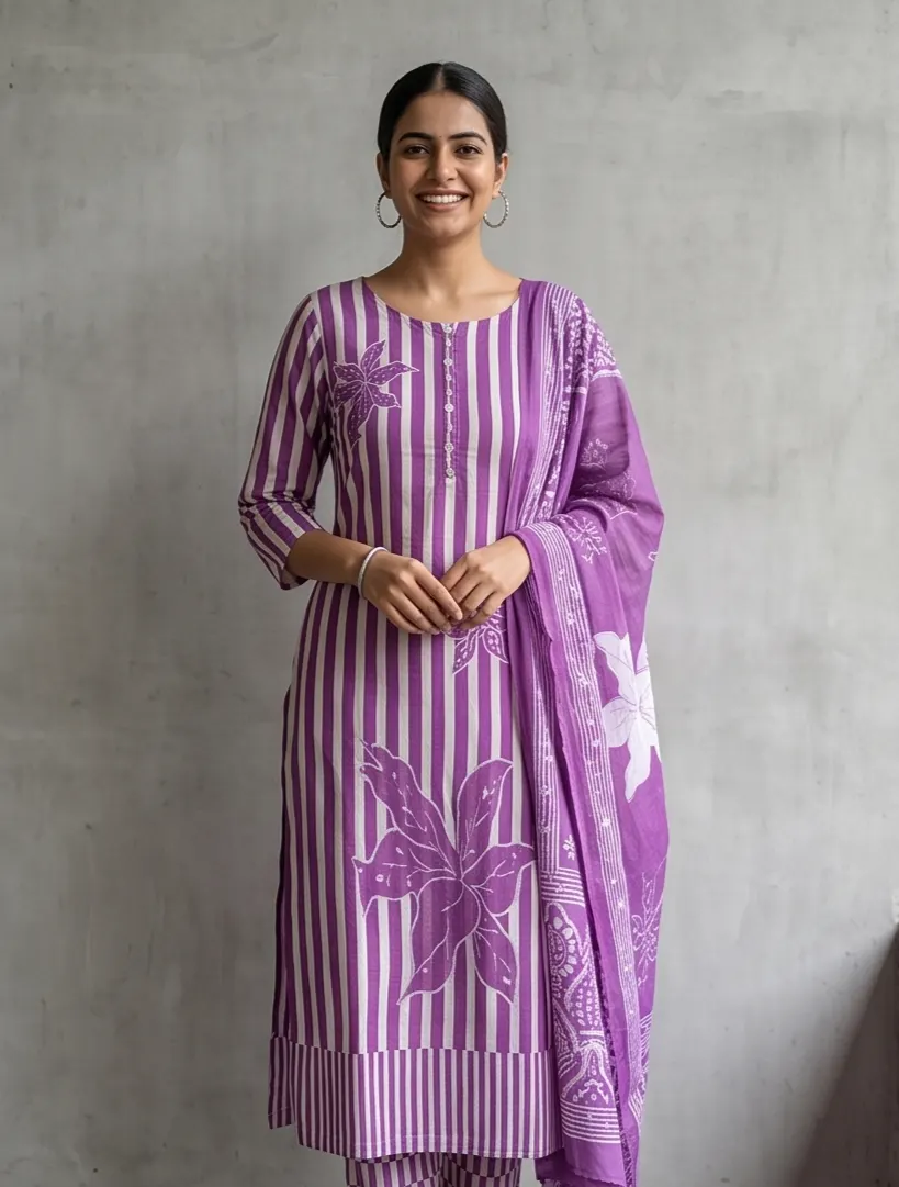Purple Striped Floral Batik Print Cotton Straight Kurta Pant Set with Dupatta