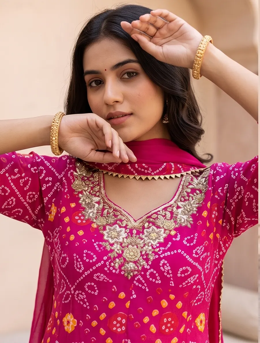 Rani Pink Bandhani Print Zari Embroidered Anarkali Kurta Pant Set with Dupatta