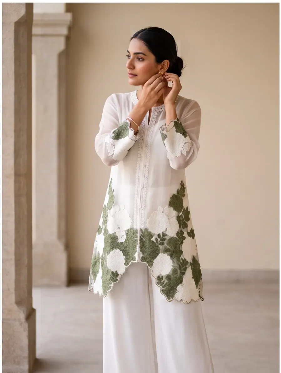 White Floral Appliqué Embroidered Sheer Tunic and Palazzo Co-ord Set with Inner Slip