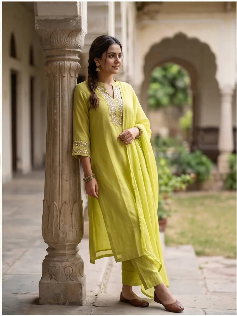 Lime Green Sequin Embroidered Silk Straight Kurta Set with Dupatta