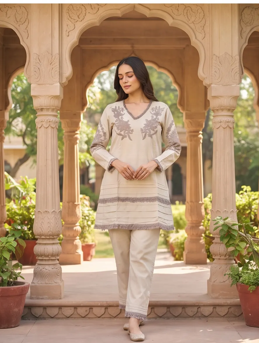 Beige Floral Thread Embroidered Cotton V-Neck Tunic and Pant Co-ord Set with Pleated Hem