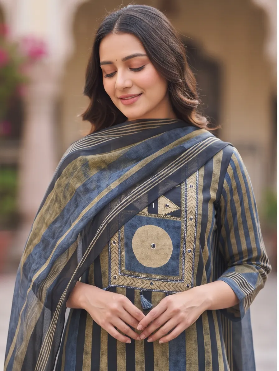 Navy Blue and Gold Striped Block Print Chanderi Silk Straight Kurta Pant Set with Dupatta