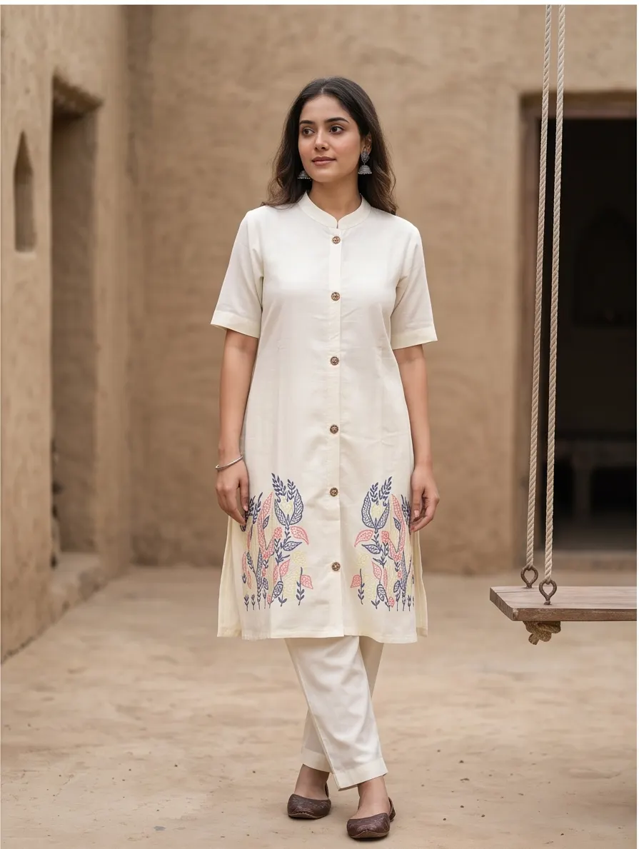 Off-White and Multicolour Floral Embroidered Cotton Mandarin Collar Straight Kurta and Pant Set with Dupatta