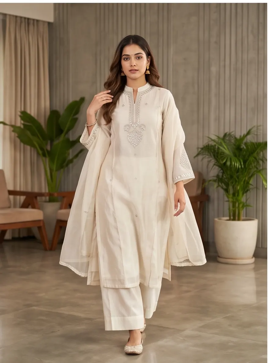 Off-White Mirror Work Embroidered Silk Straight Kurta Pant Set with Dupatta