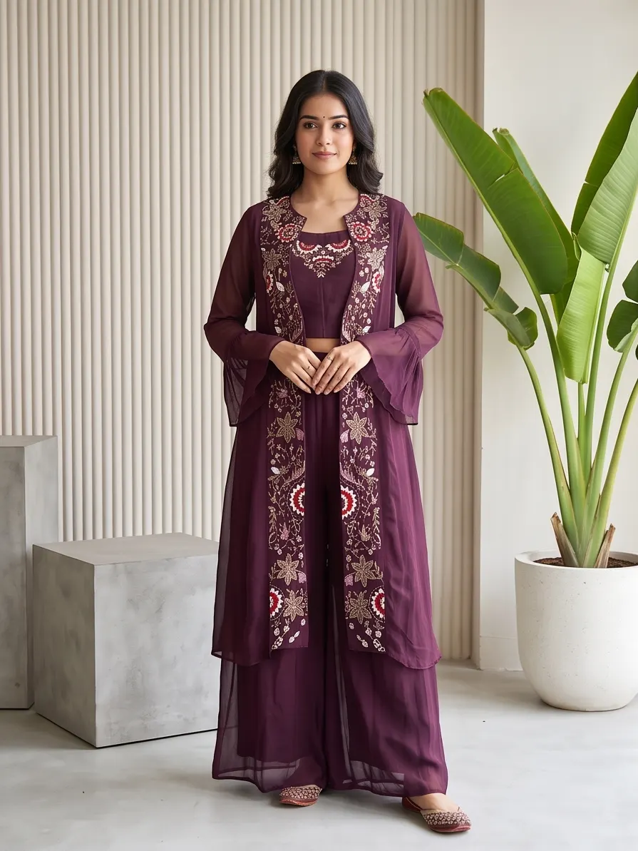 Wine Floral Embroidered Georgette Long Jacket Crop Top and Flared Palazzo Co-ord Set