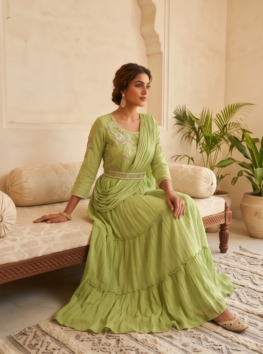 Pista Green Floral Embroidered Georgette Draped Style Tiered Anarkali Gown with Belt
