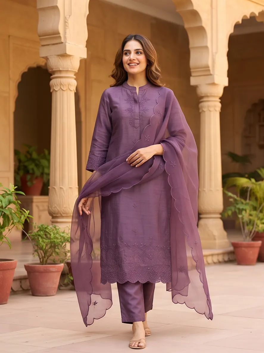 Dusty Purple Thread Embroidered Chanderi Silk Straight Kurta Pant Set with Scalloped Organza Dupatta