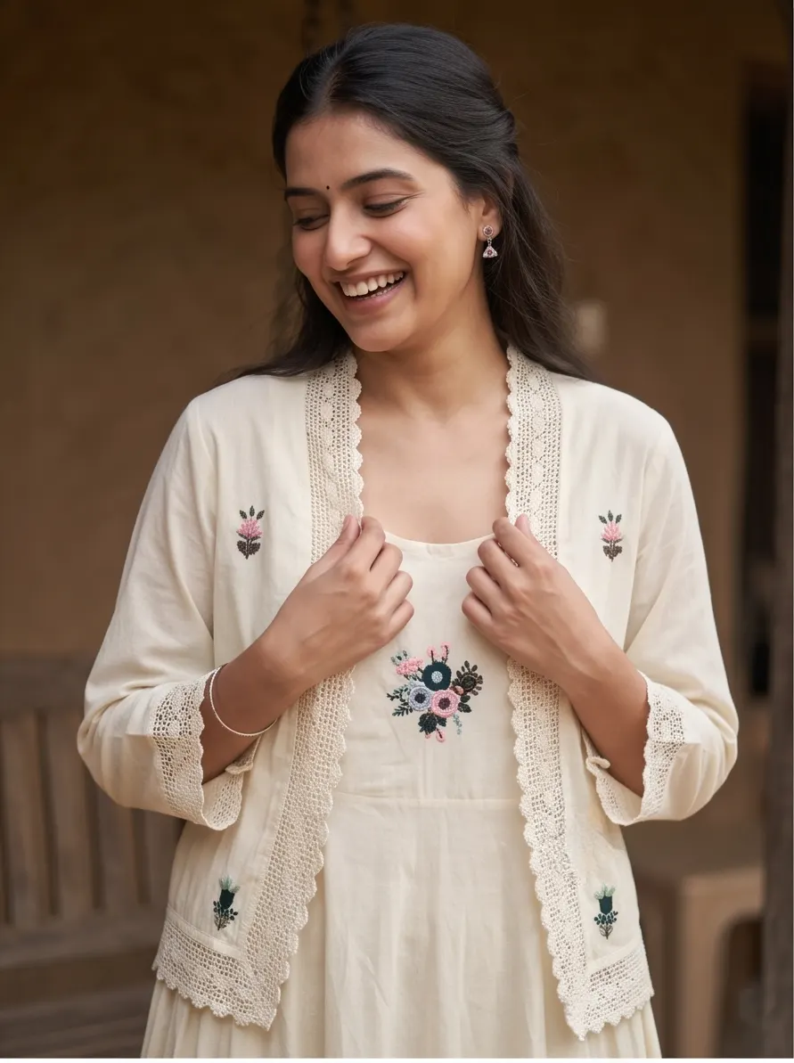 Off-White Floral Embroidered Cotton Flared Anarkali Kurta Dress and Crochet Trim Short Jacket Set