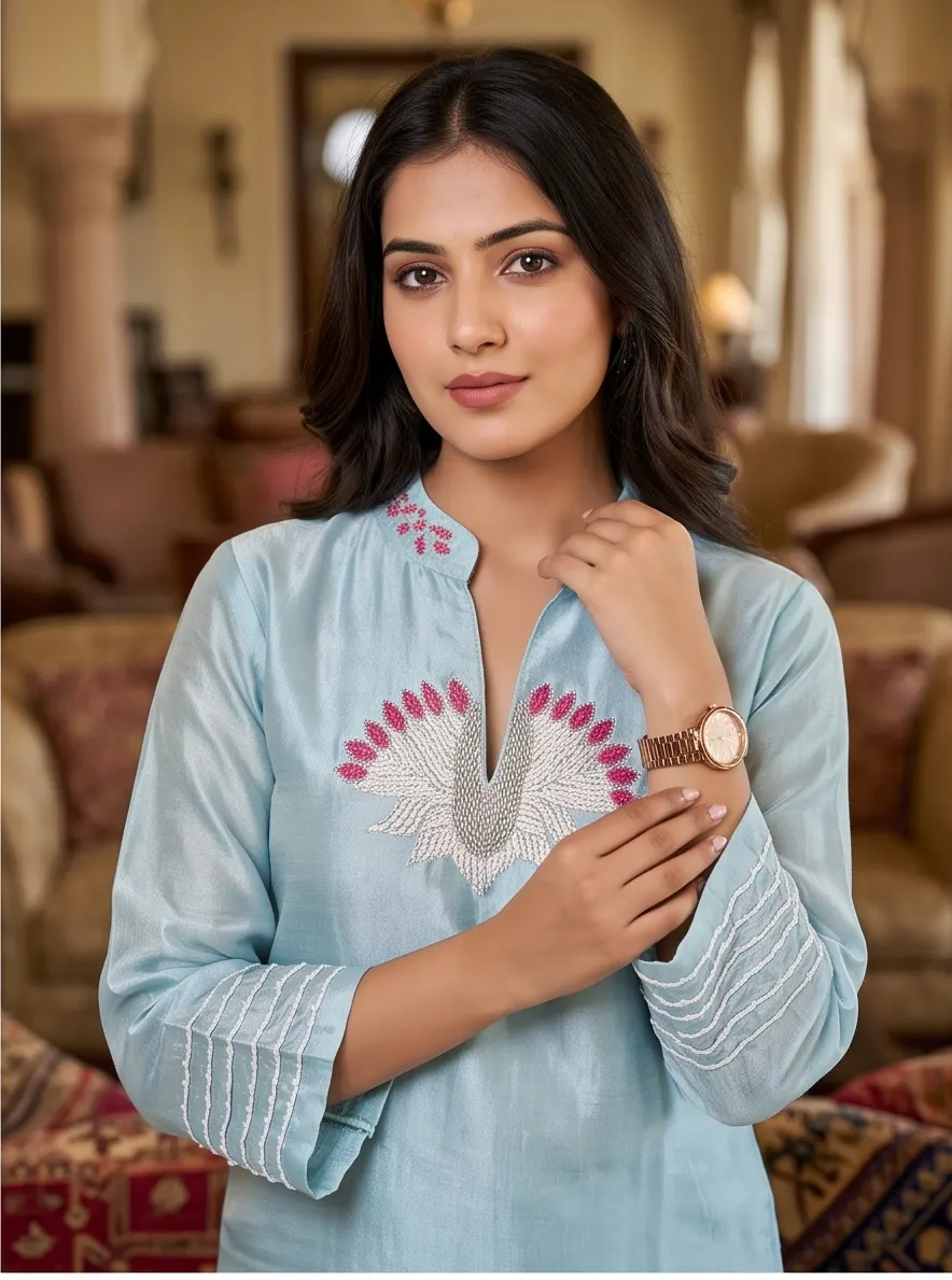 Ice Blue Embroidered Silk Straight Kurta and Pant Set