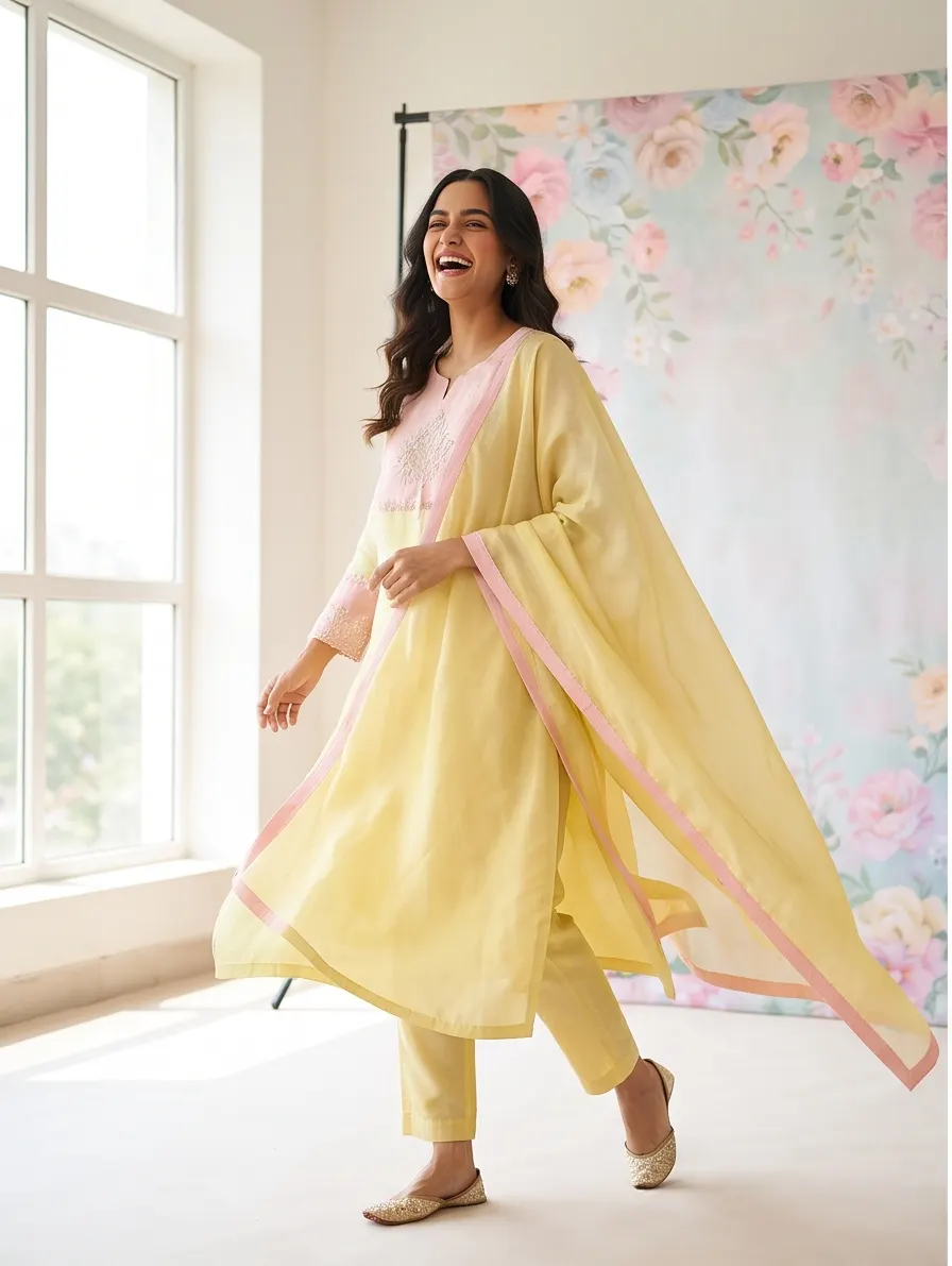 Yellow and Pastel Pink Yoke Zari Embroidered Chanderi Silk Straight Kurta Pant Set with Dupatta