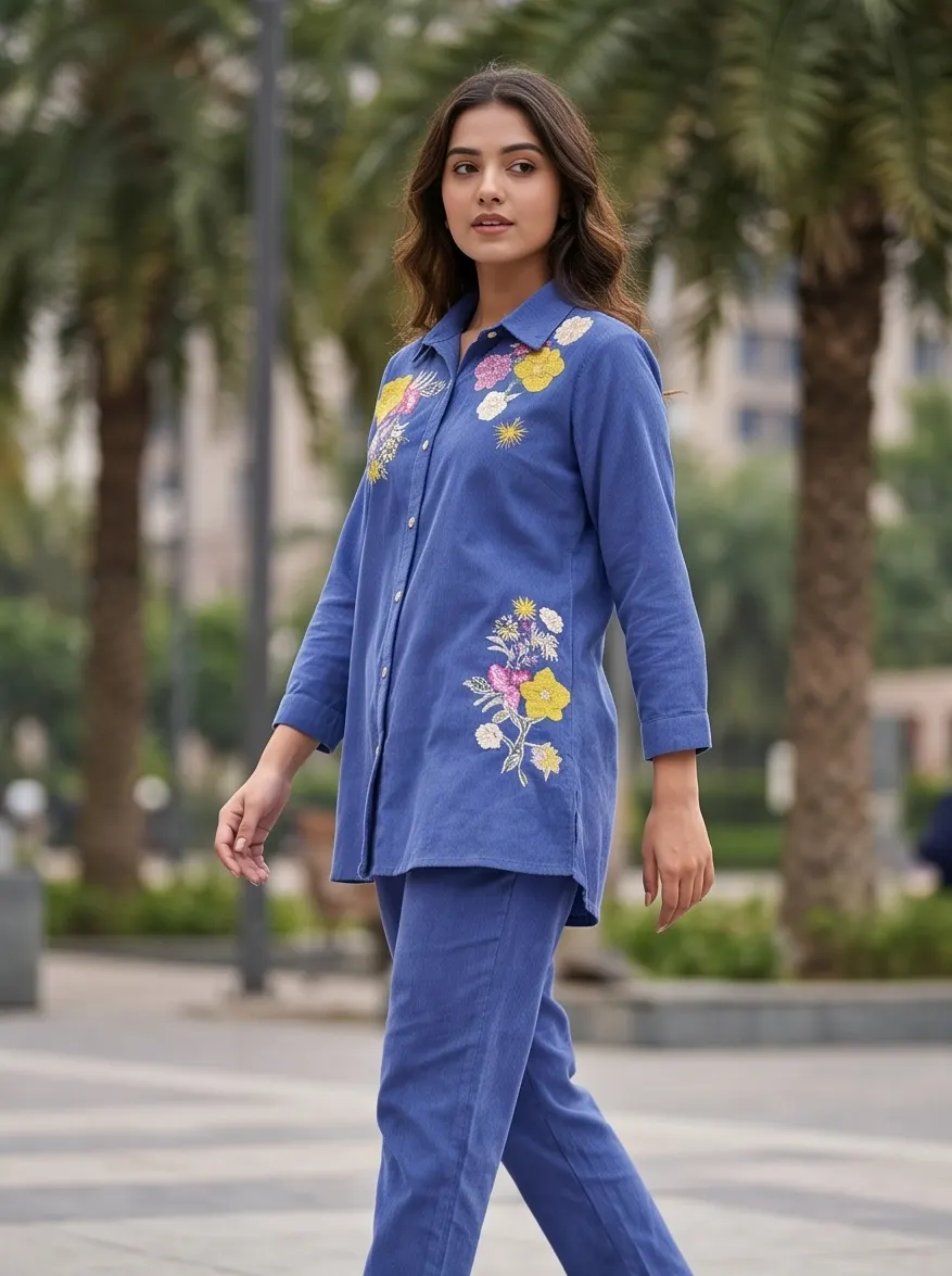 Royal Blue Floral Embroidered Cotton Shirt Collar Tunic and Pant Co-ord Set