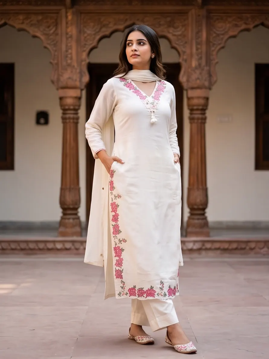 Off-White Floral Embroidered Silk Straight Kurta Pant Set with Dupatta