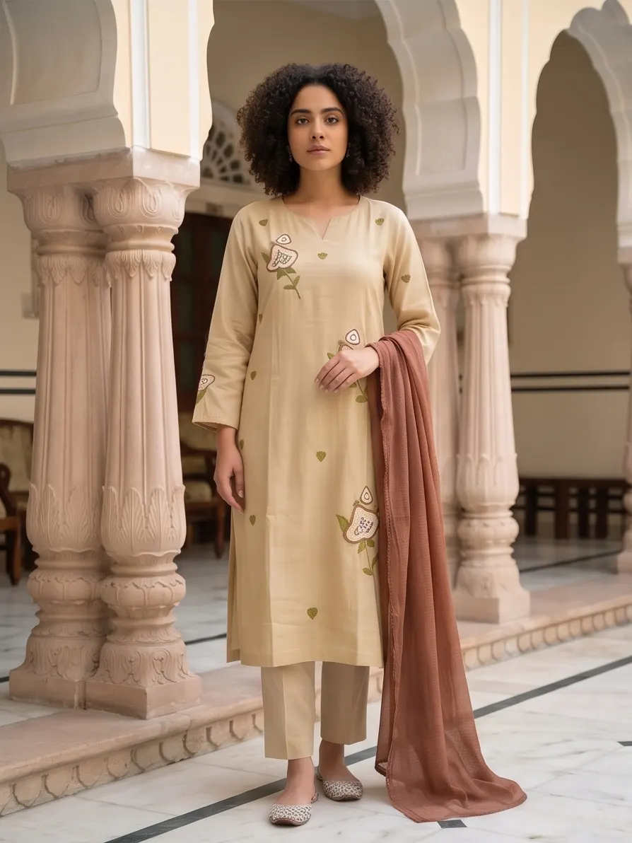 Light Brown Floral Embroidered Cotton Straight Kurta Pant Set with Brown Dupatta