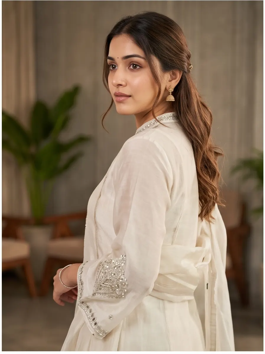 Off-White Mirror Work Embroidered Silk Straight Kurta Pant Set with Dupatta