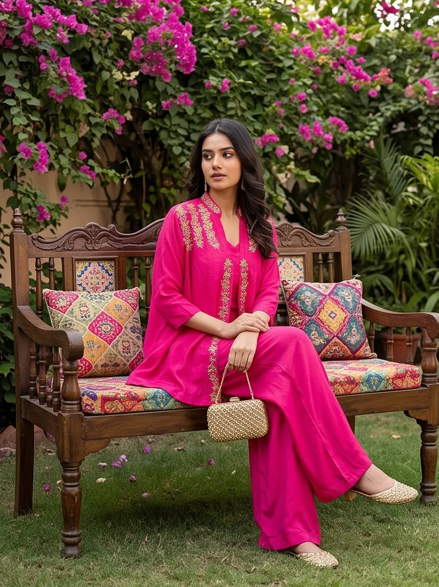 Rani Pink Embroidered Jacket Style Tunic and Flared Palazzo Co-ord Set