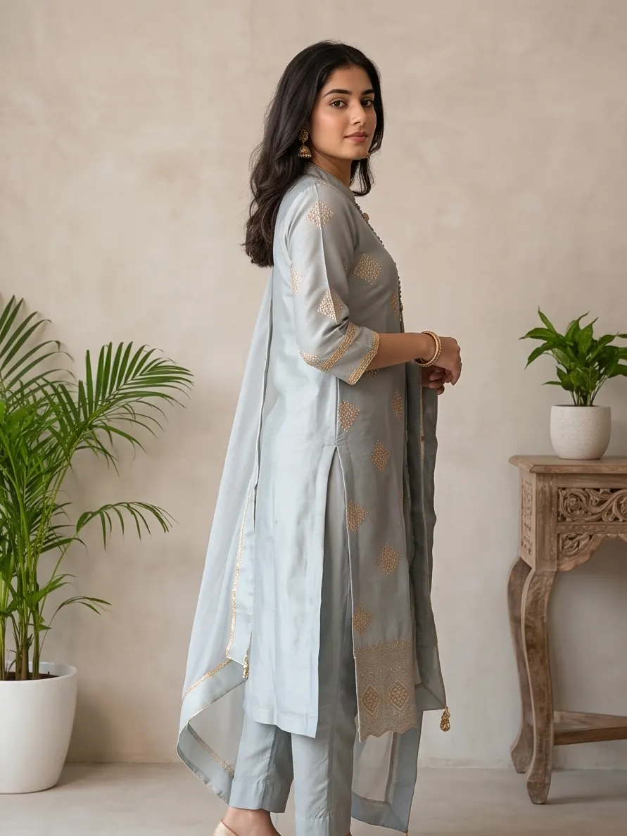 Ice Blue Zari Embroidered Chanderi Silk Straight Kurta Pant Set with Dupatta