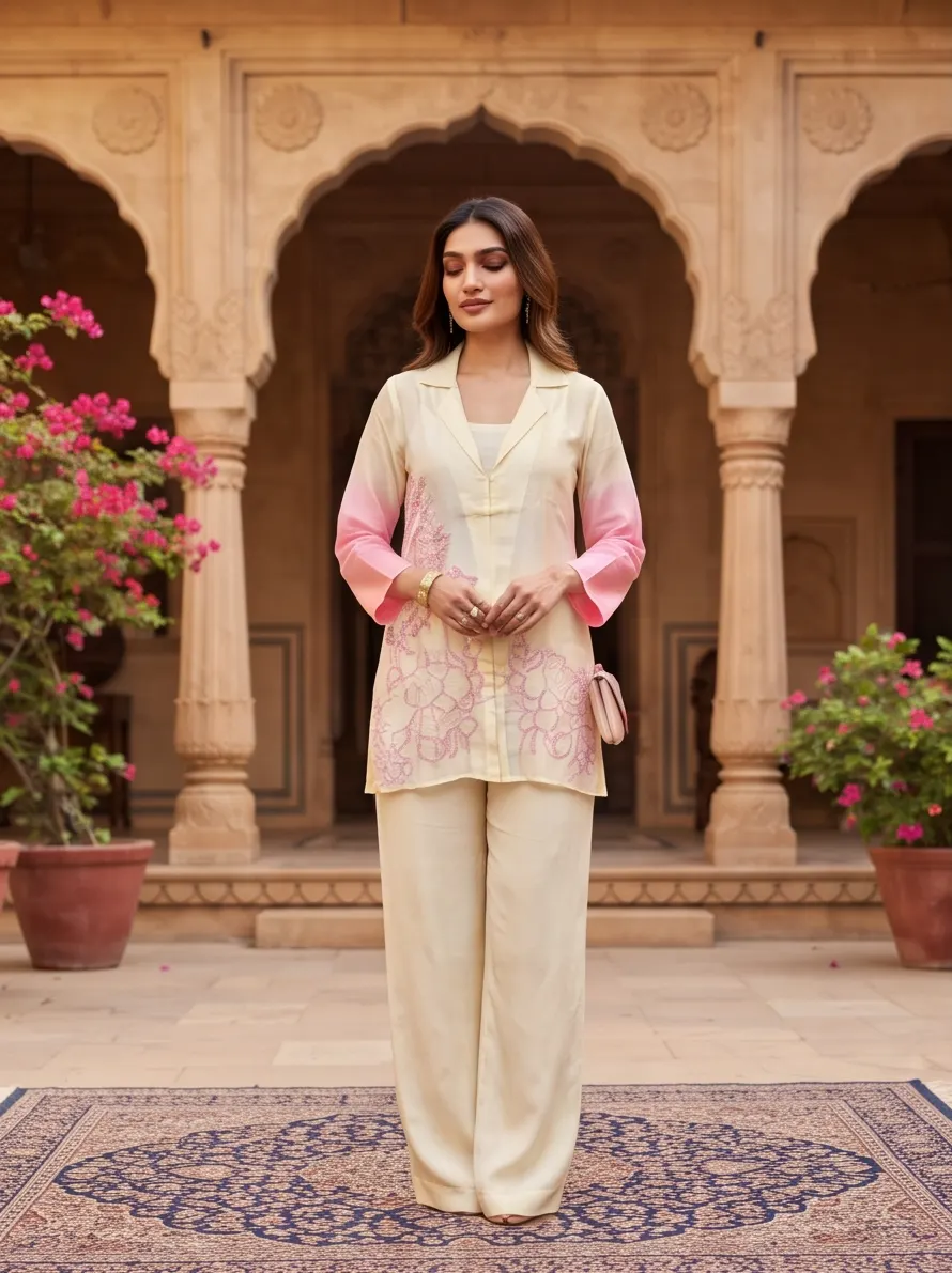 Off-White and Pink Ombre Floral Embroidered Cotton Lapel Collar Tunic and Pant Co-ord Set