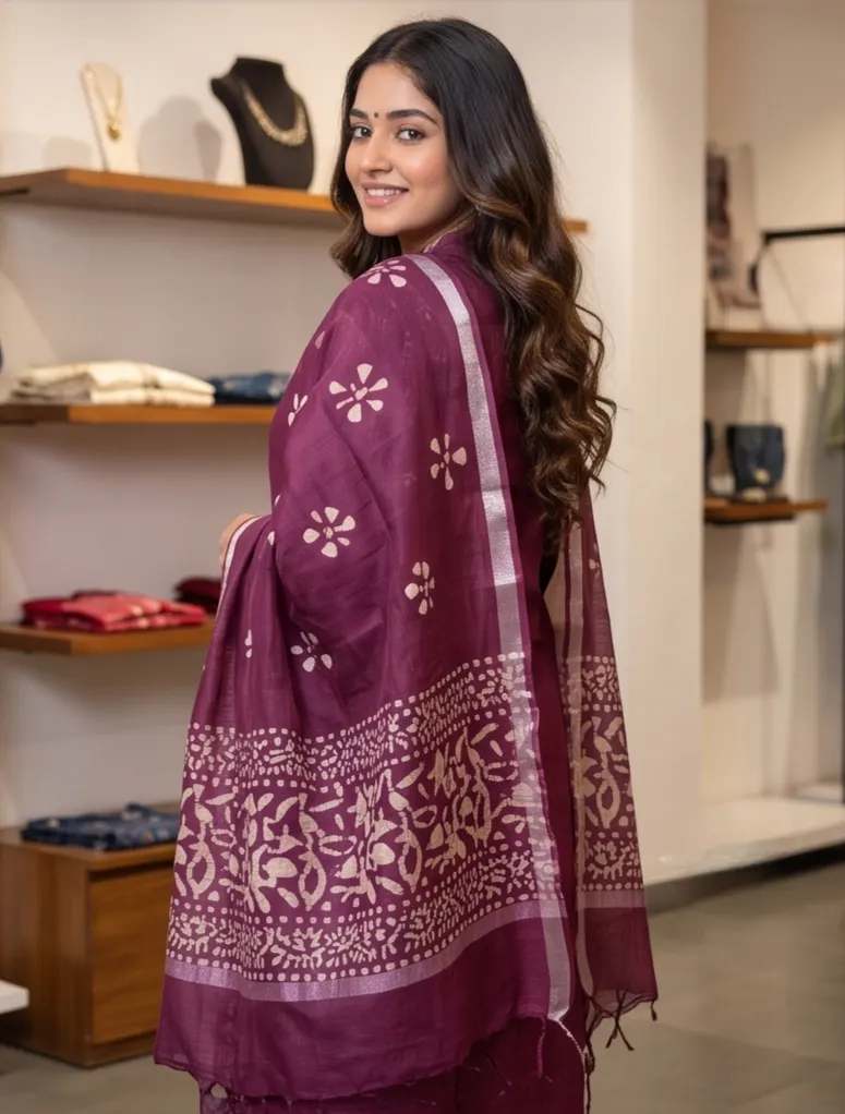Plum Purple Batik Print Pure Cotton Straight Kurta Pant Set with Dupatta