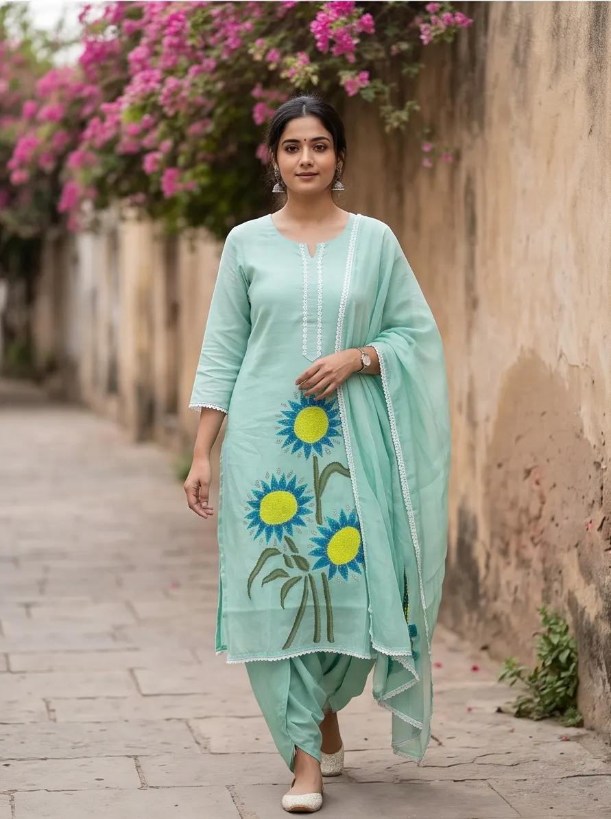Mint Blue Sunflower Appliqué Embroidered Cotton Straight Kurta and Pleated Dhoti Pant Set with Dupatta