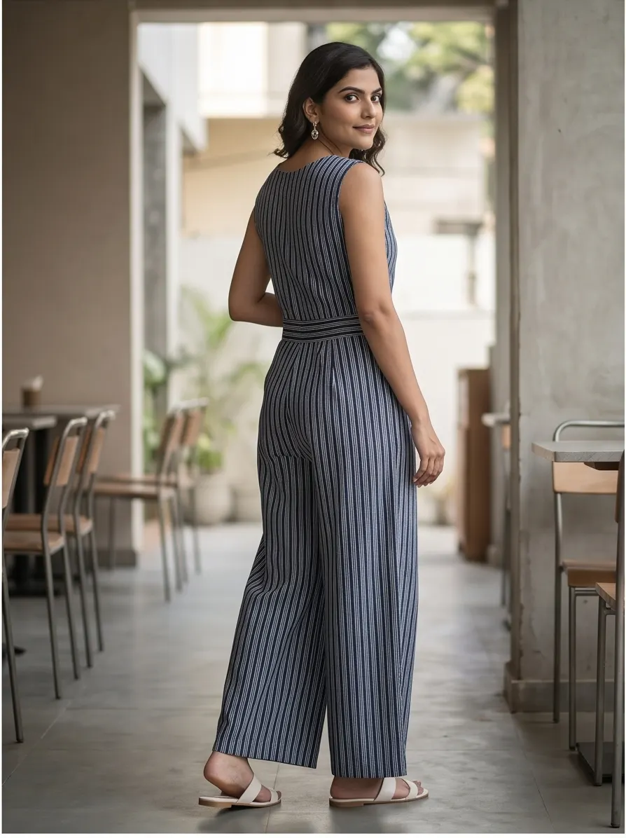 Navy Blue Striped Cotton Sleeveless Drawstring Wide Leg Jumpsuit