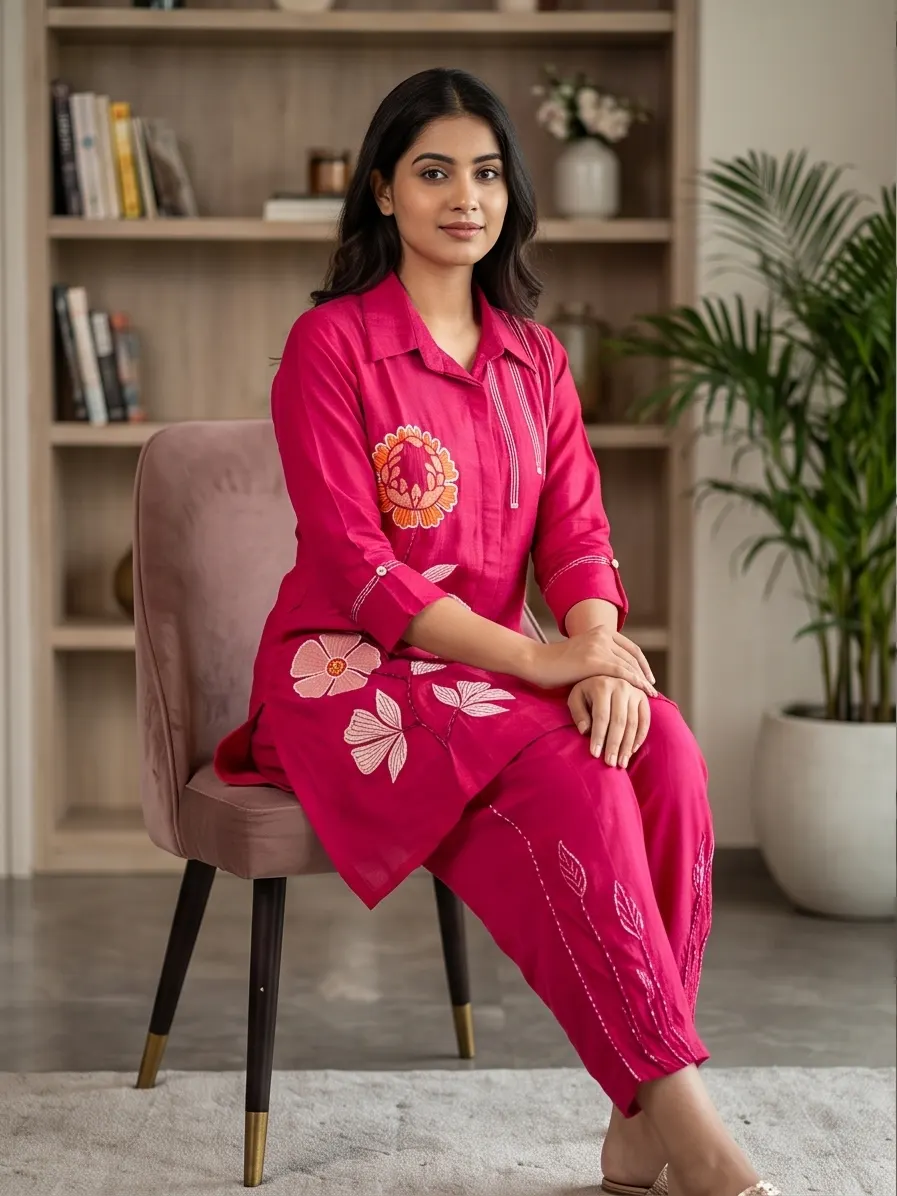 Rani Pink Floral Patch Embroidered Silk Blend Collar Tunic and Pant Co-ord Set