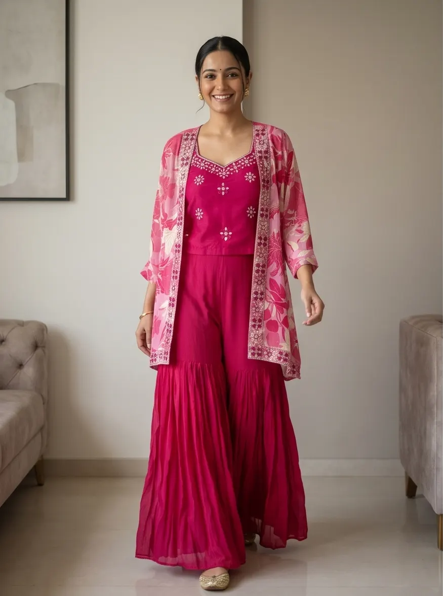 Rani Pink Floral Print Embroidered Georgette Jacket Crop Top and Sharara Set with Dupatta
